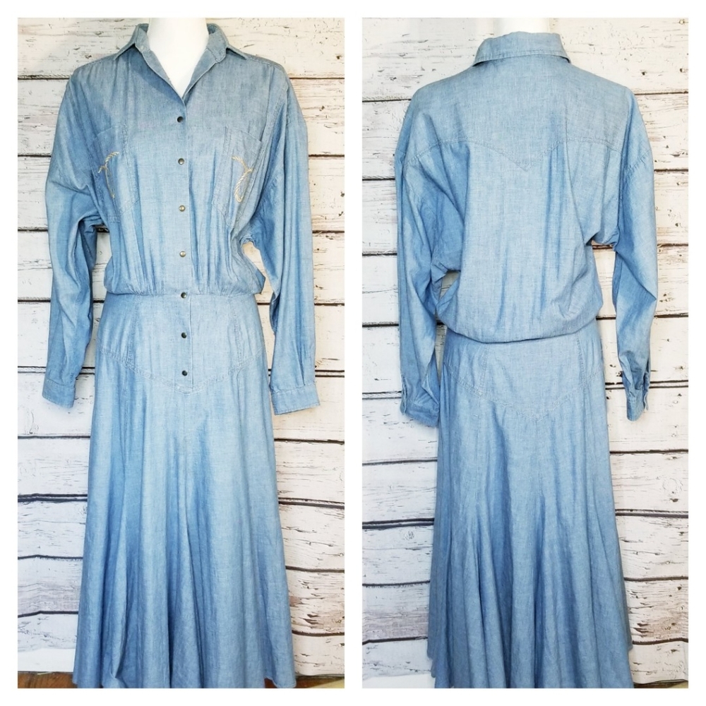 VTG 80s Denim Western Style Long Dress